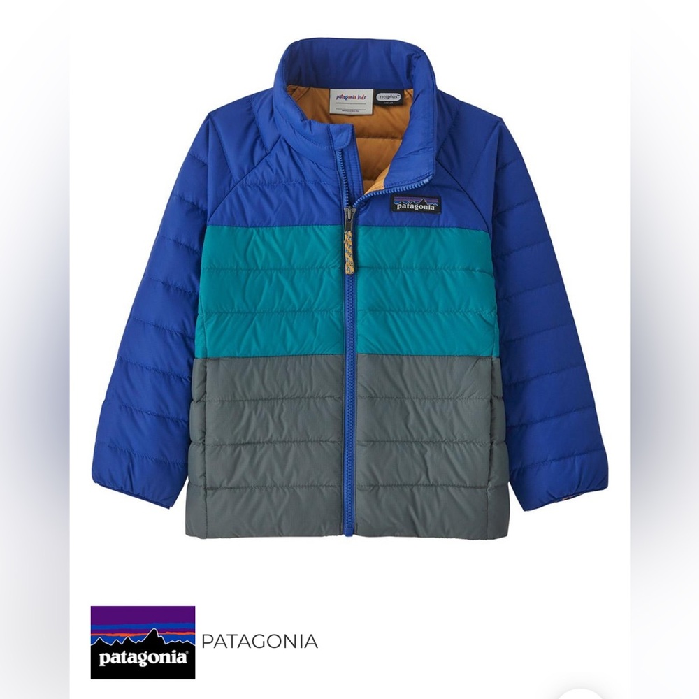 Patagonia Infants Down Sweater Jacket - Passage Blue and Tan 18M